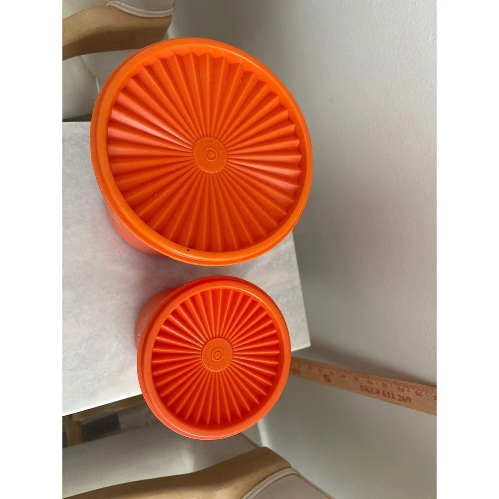 Vintage Tupperware Orange Servalier Canister Set Flour Brown Sugar Sunburst Lids